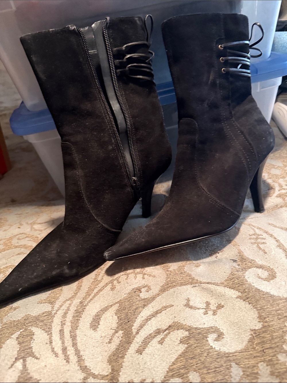 Nine West Black Suede Pointed-Toe Stiletto Ankle Boots